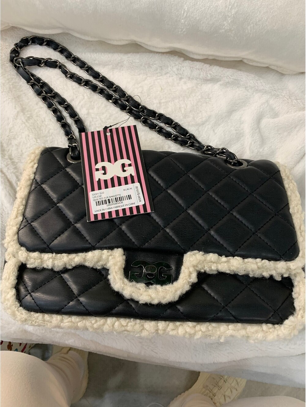 Gilda Paris Quilted Fur Baguette Shoulder Bag Black